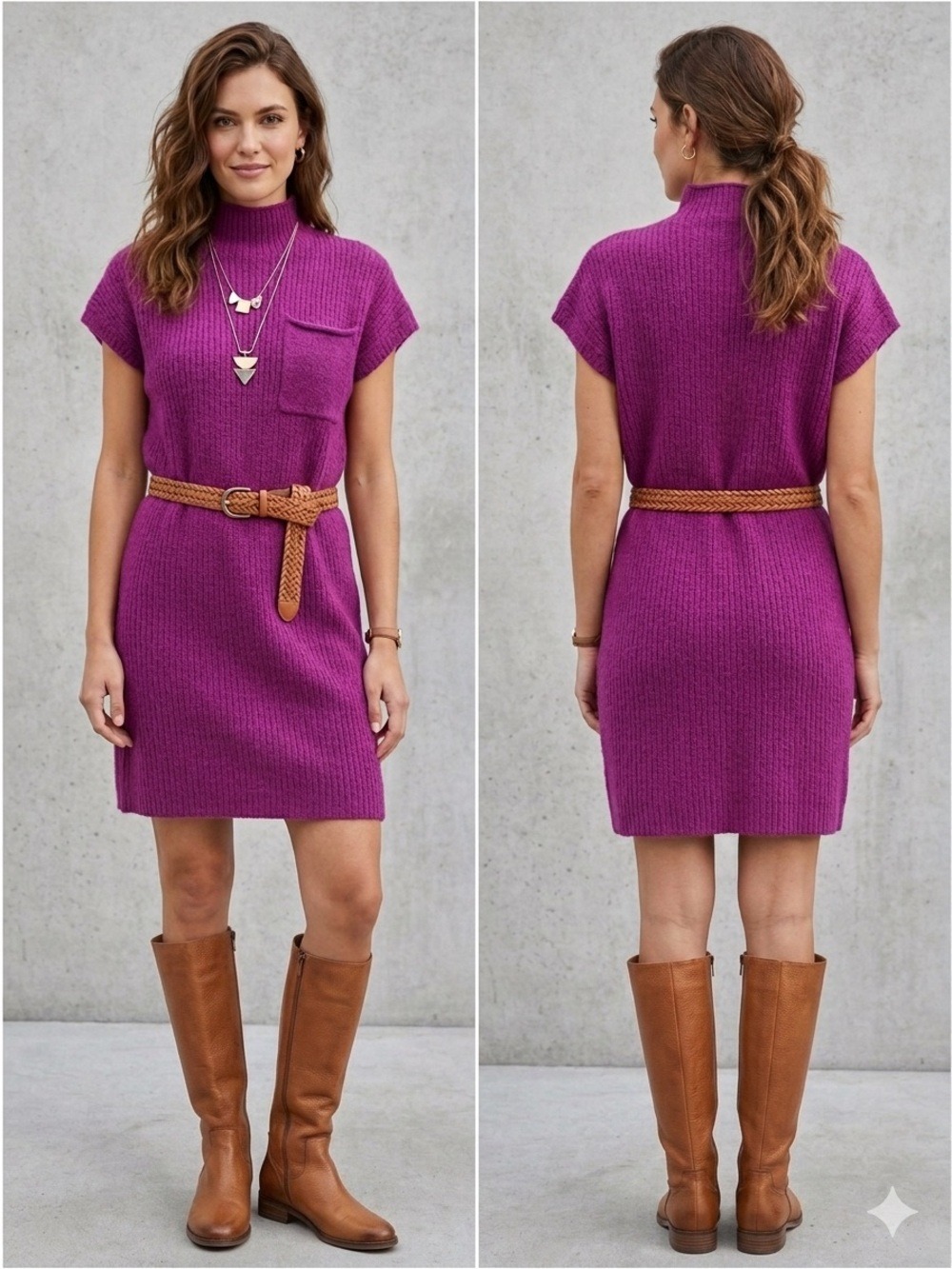 Zenana Outfitters Magenta Knit Mock-Neck Short Sleeve Dress